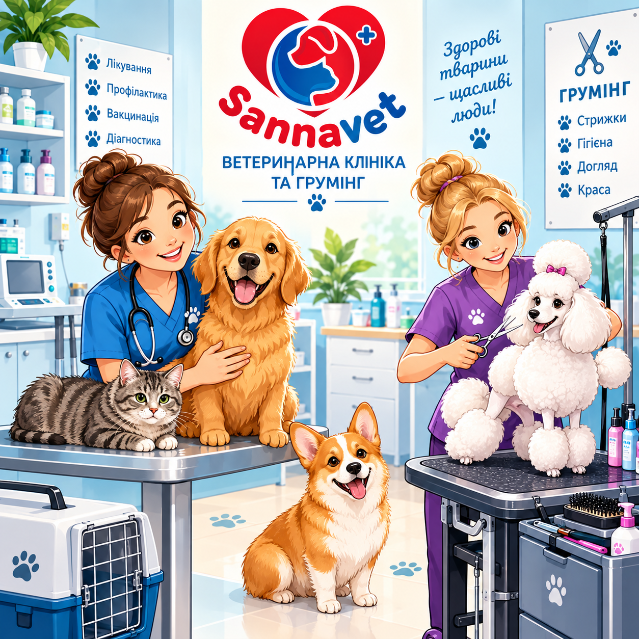 Мультяшна ветеринарна клініка та грумінг SannaVet із лікарями, собаками й котом